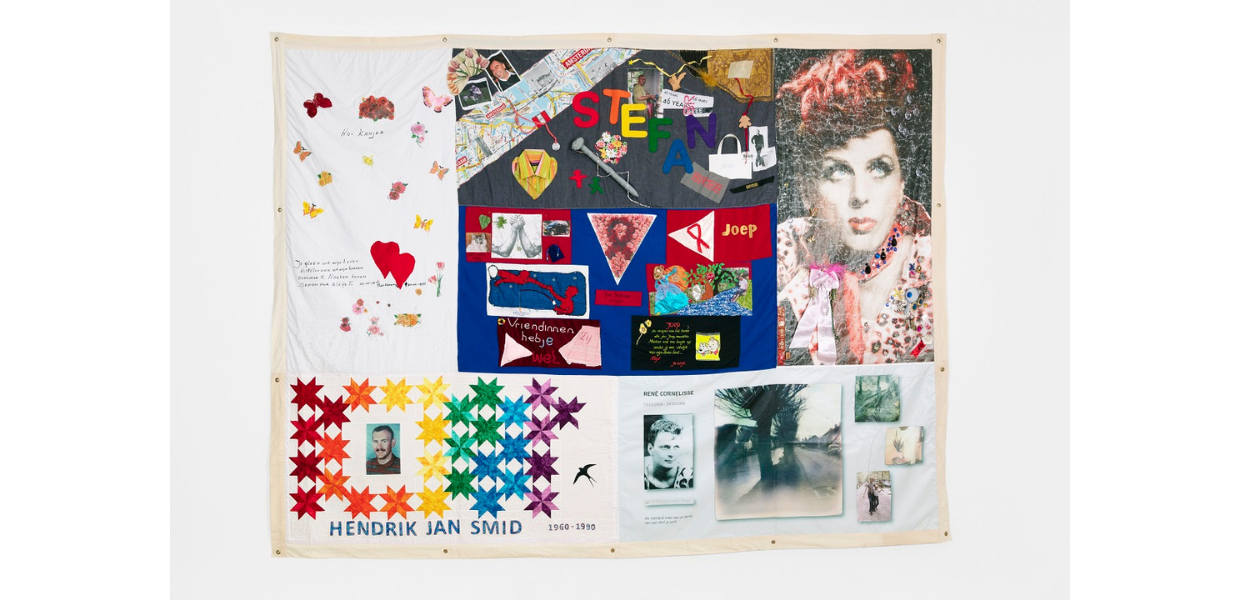 Quilt made of six panels with different memorabilia printed or sewn on textile.